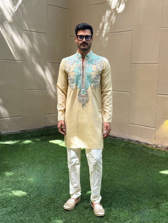 MIXED YOKE KURTA BEIGE