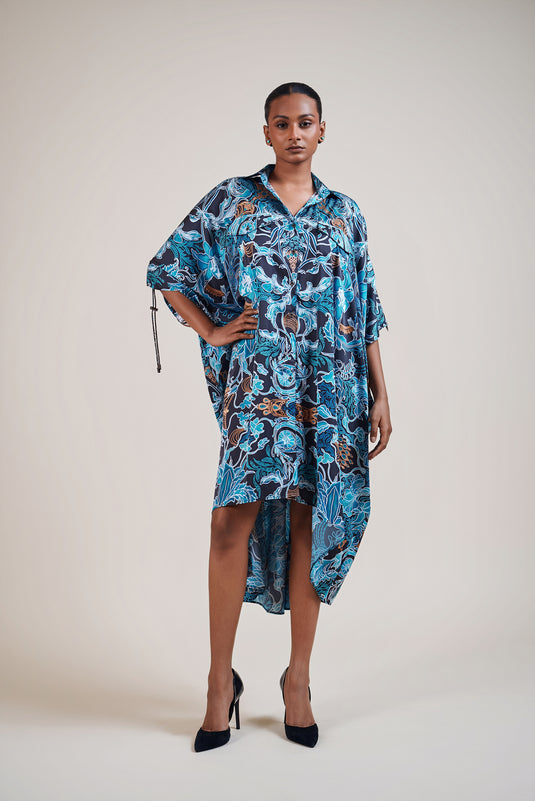 Sometsuke black-turquoise jewel kaftan shirt dress