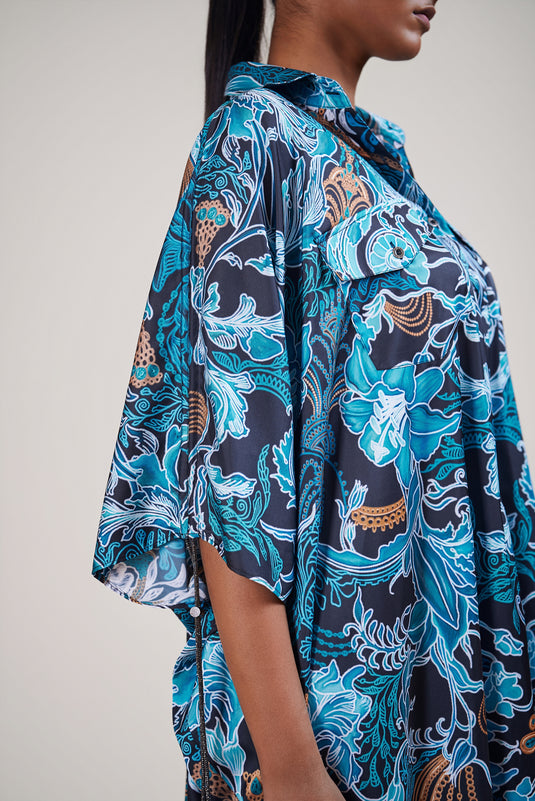 Sometsuke black-turquoise jewel kaftan shirt dress