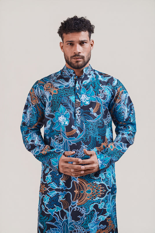 Sometsuke black-turquoise jewel kurta