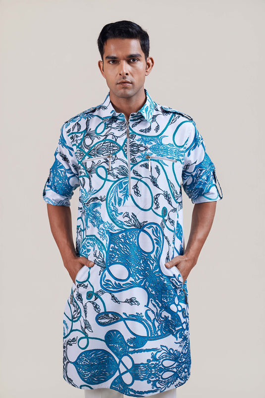 Sometsuke white-turquoise jewel pathani kurta