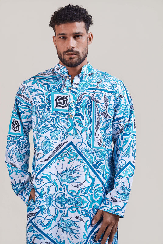 Sometsuke white-turquoise plant kurta