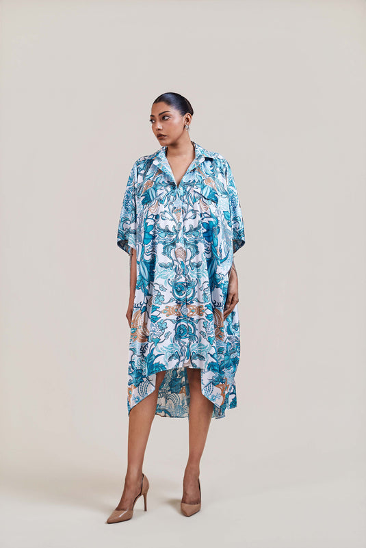 Sometsuke white-turquoise jewel kaftan shirt dress