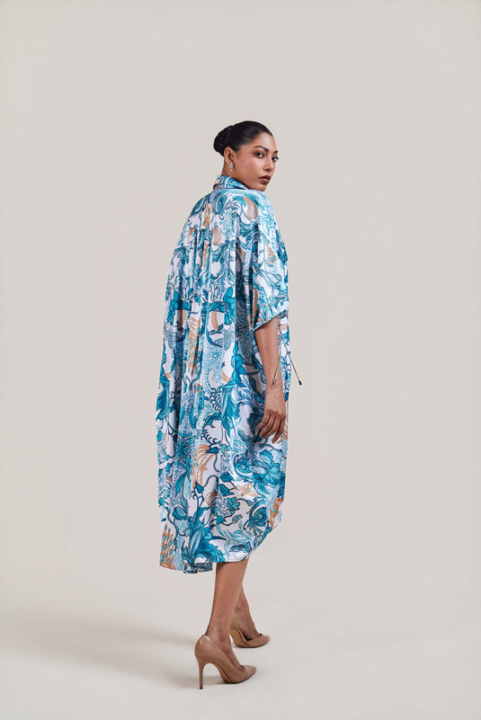 Sometsuke white-turquoise jewel kaftan shirt dress