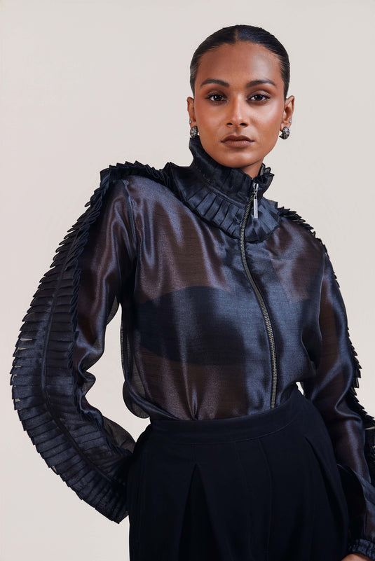 Night black organza pleated shirt