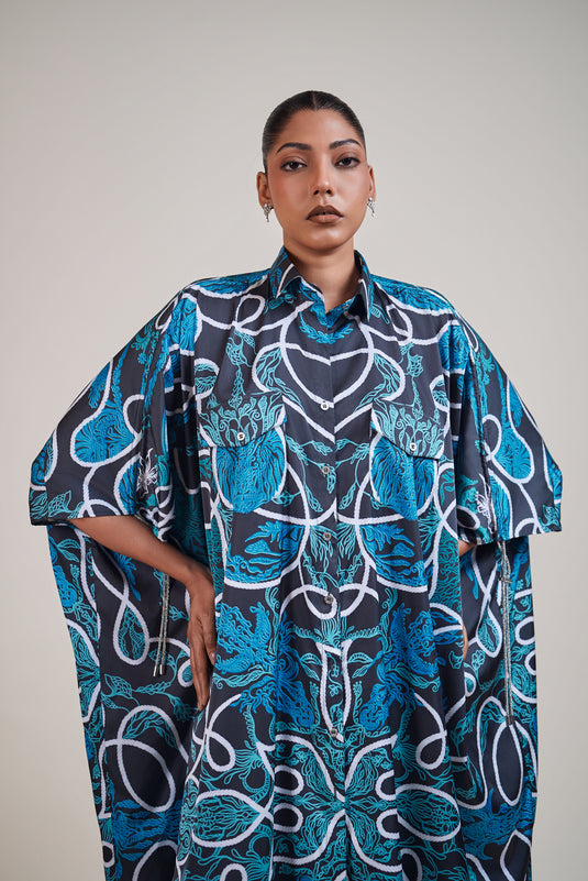 Sometsuke black-emerald vase kaftan shirt dress