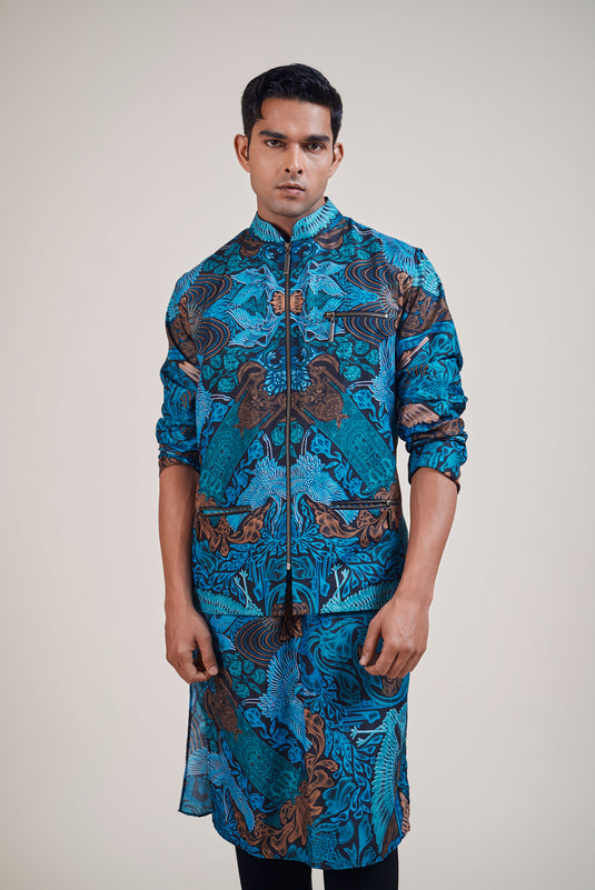 Sometsuke black-emerald bird bandi kurta