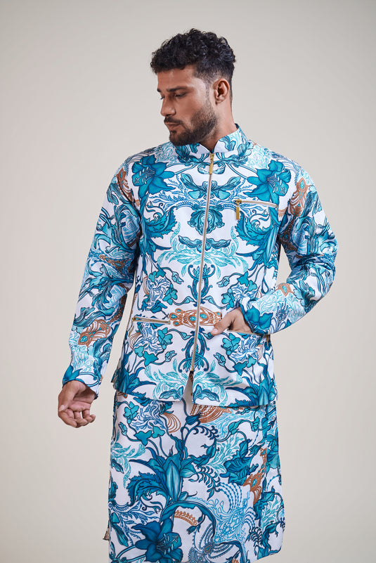 Sometsuke white-turquoise jewel bandi kurta