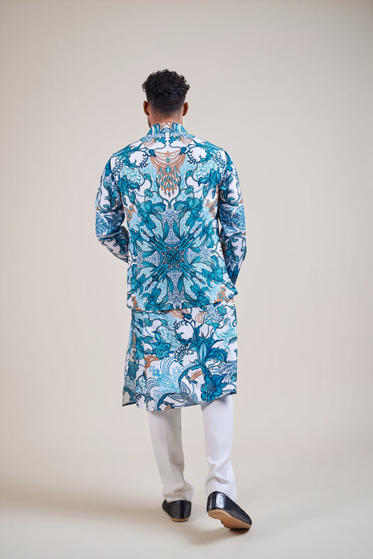 Sometsuke white-turquoise jewel bandi kurta
