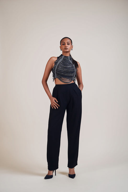 Checkmate black-gunmetal crystal rope halter top