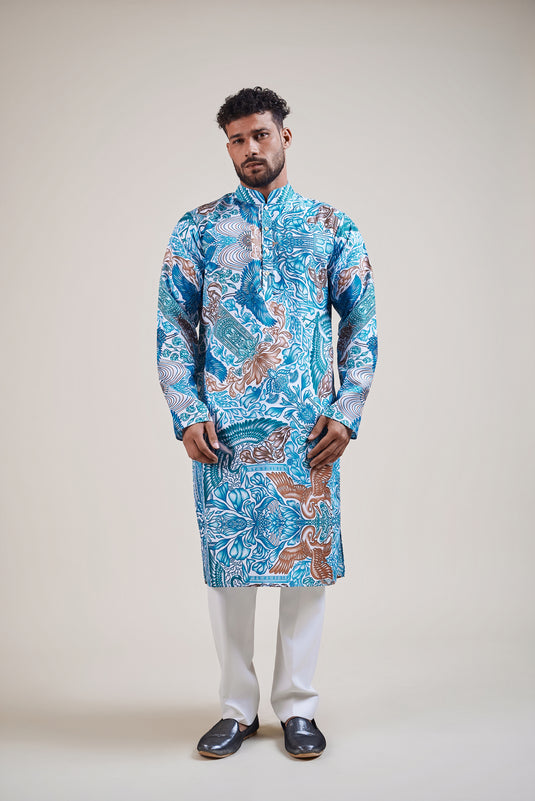 Sometsuke white-emerald bird kurta