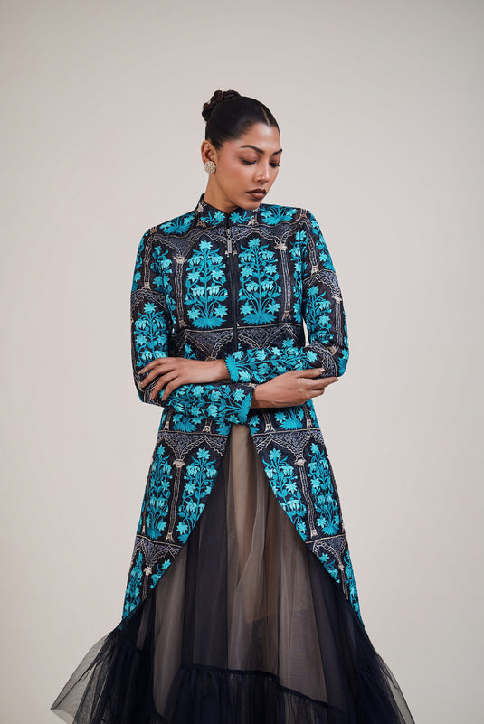 Husn black blue high low jacket