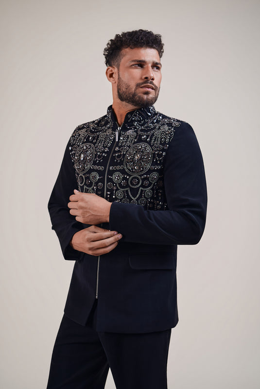 Night black-gunmetal rhinestone bandhgala