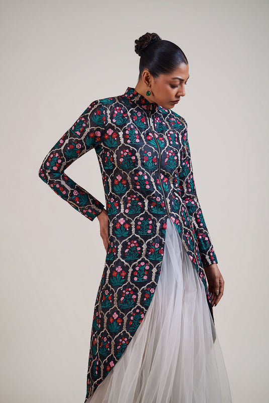 Husn black floral high low jacket
