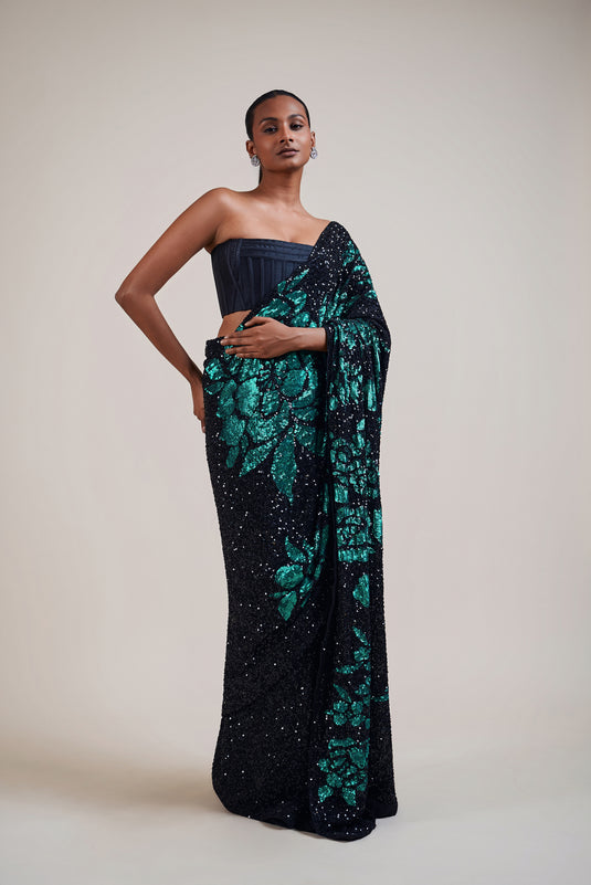 Checkmate black-teal floral saree