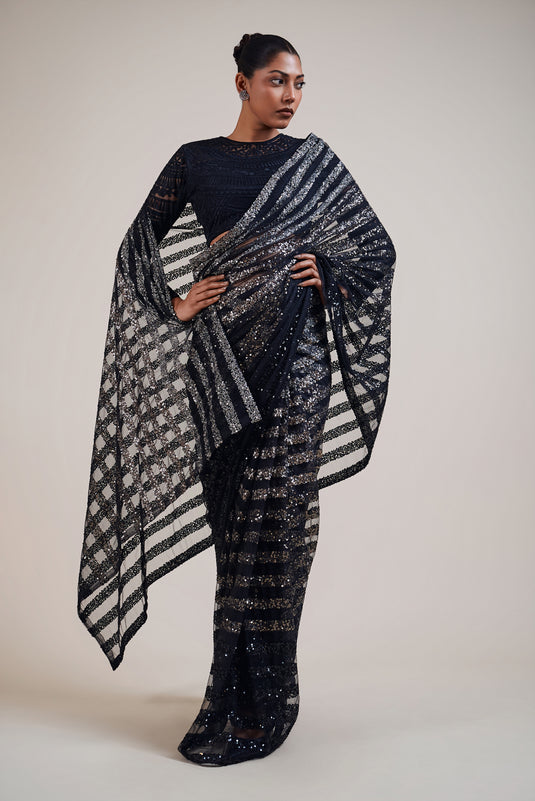 Sometsuke black-gunmetal striped ombre saree