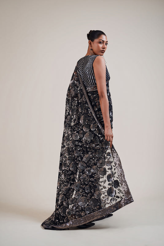 Trifecta black-gunmetal 3D floral saree