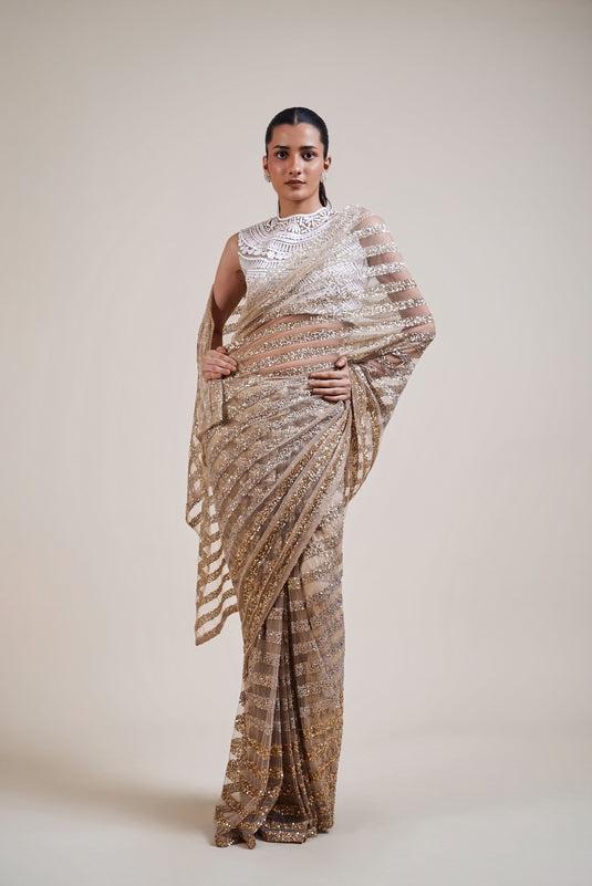 Ambrosia ivory-gold striped ombre saree
