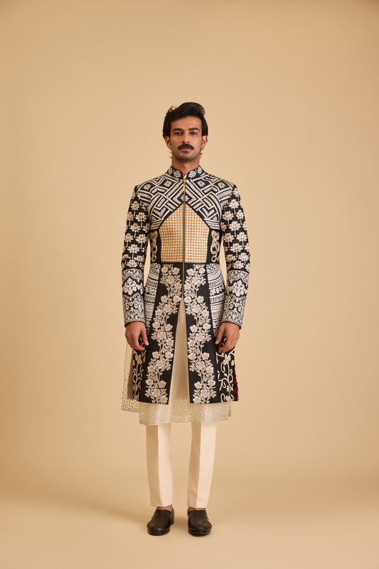 Miraas thread work paneled sherwani