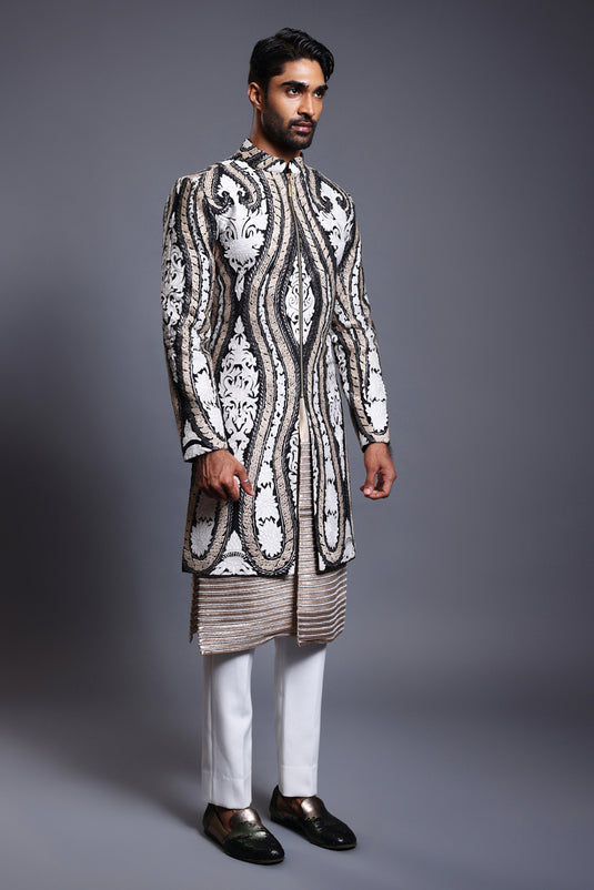 CF applique sherwani black and ivory / ST-ICW-SHRWN-006