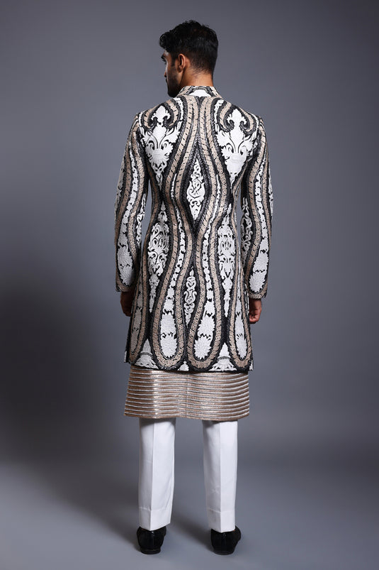 CF applique sherwani black and ivory / ST-ICW-SHRWN-006