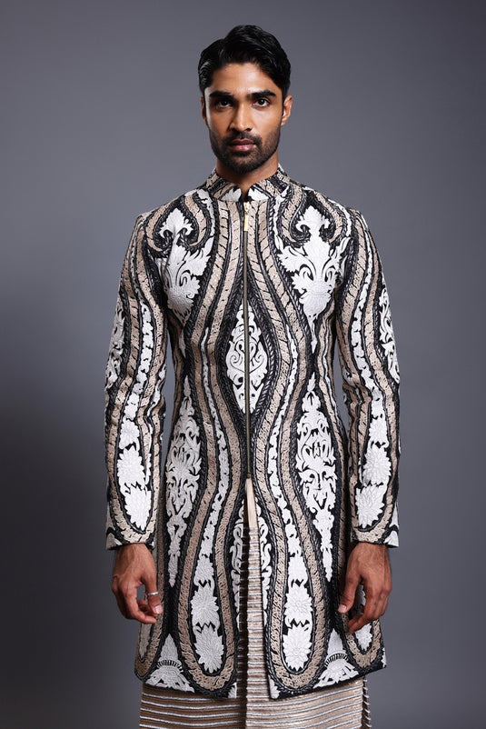 CF applique sherwani black and ivory / ST-ICW-SHRWN-006