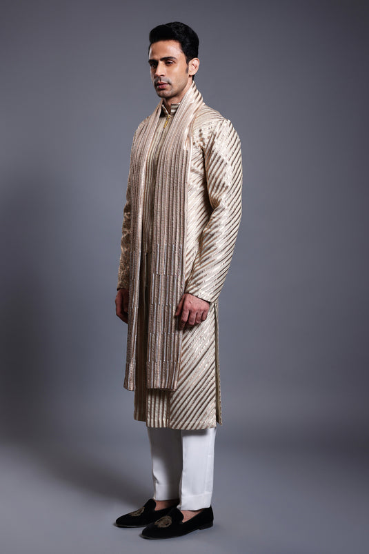 CF strip work rope kurta gold
