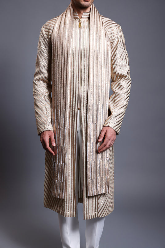 CF strip work rope kurta gold