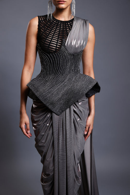 CF corseted saree gunmetal.