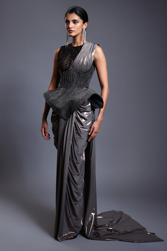 CF corseted saree gunmetal.