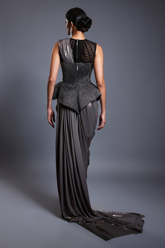 CF corseted saree gunmetal.