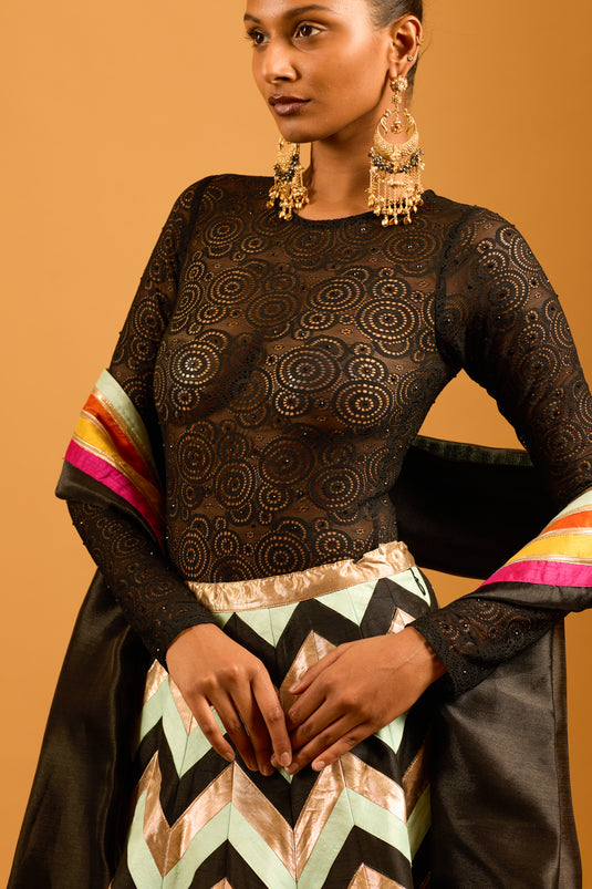 Trifecta black multicolor chevron lehenga
