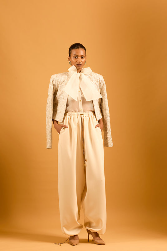 Trifecta ivory sheer pussy bow shirt