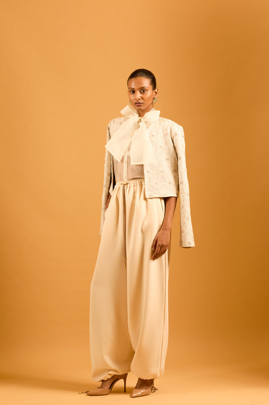 Trifecta ivory sheer pussy bow shirt