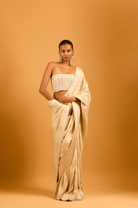 Trifecta cream-gold chanderi crystallized saree