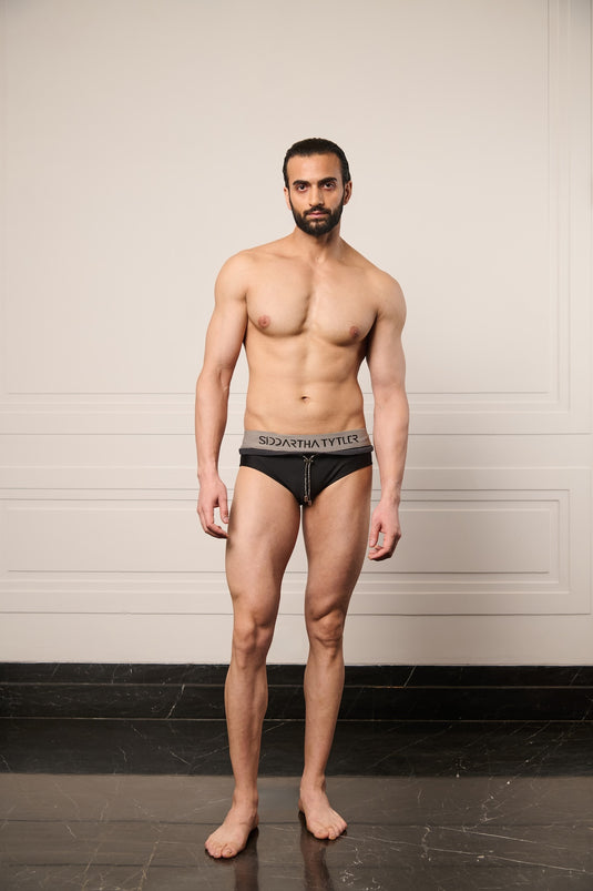 Resort gunmetal on black layered micro swimsuit