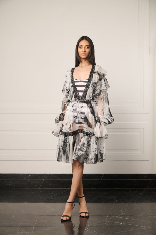 Resort camo sheer peasant dress