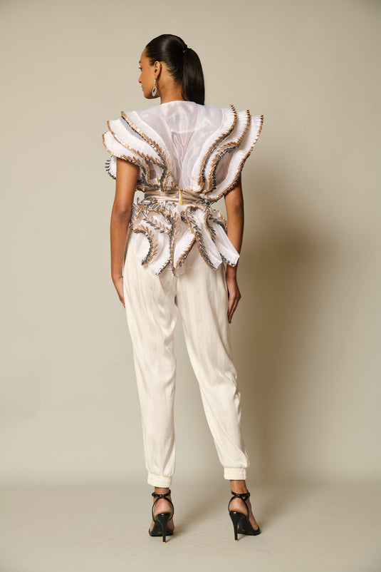 checkmate Ivory striped satin joggers