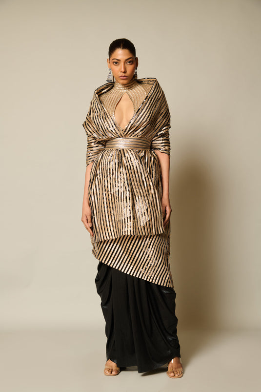 checkmate Black-gold shadow strip dupatta