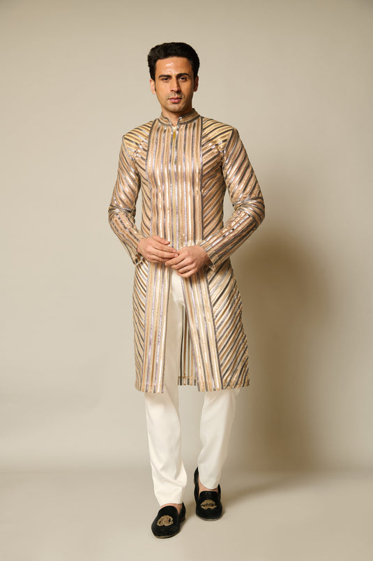 checkmate Gold-gunmetal strip sherwani