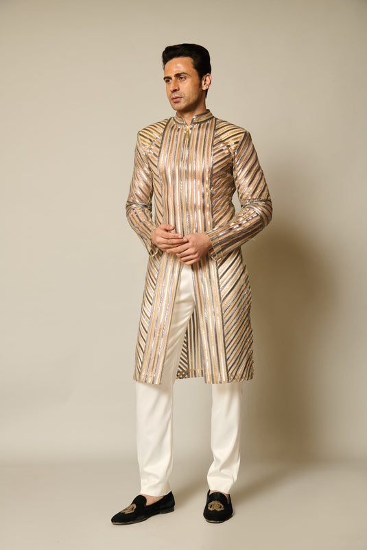 checkmate Gold-gunmetal strip sherwani