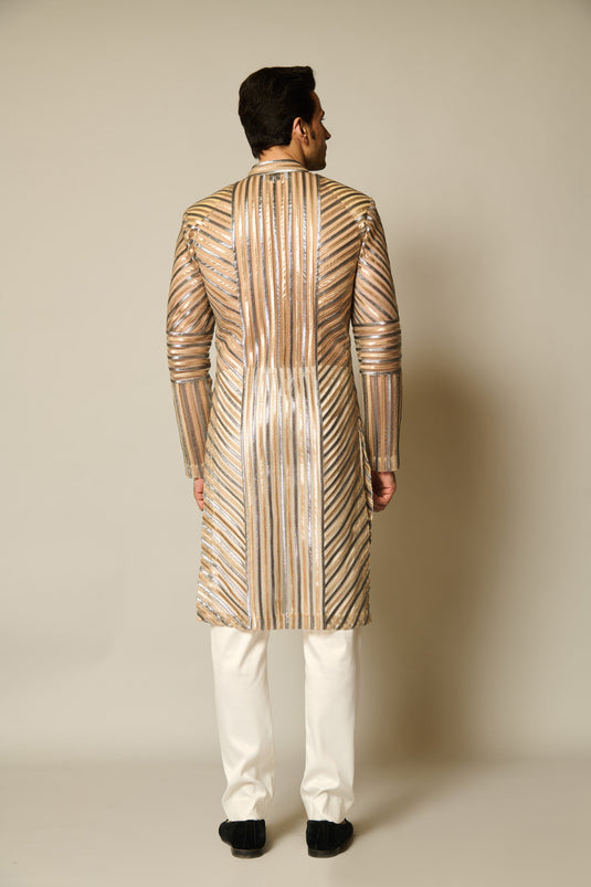 checkmate Gold-gunmetal strip sherwani