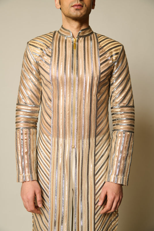 checkmate Gold-gunmetal strip sherwani