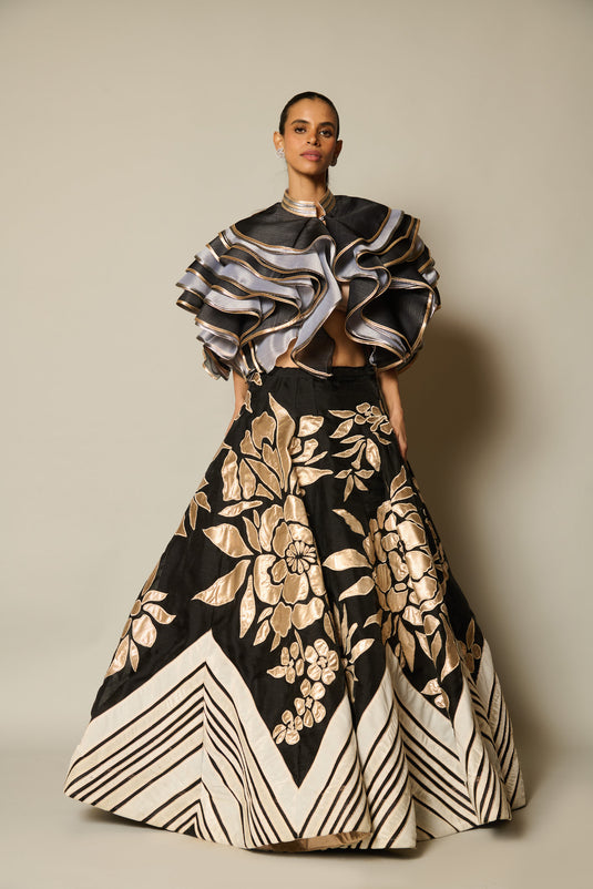 checkmate Black applique lehenga