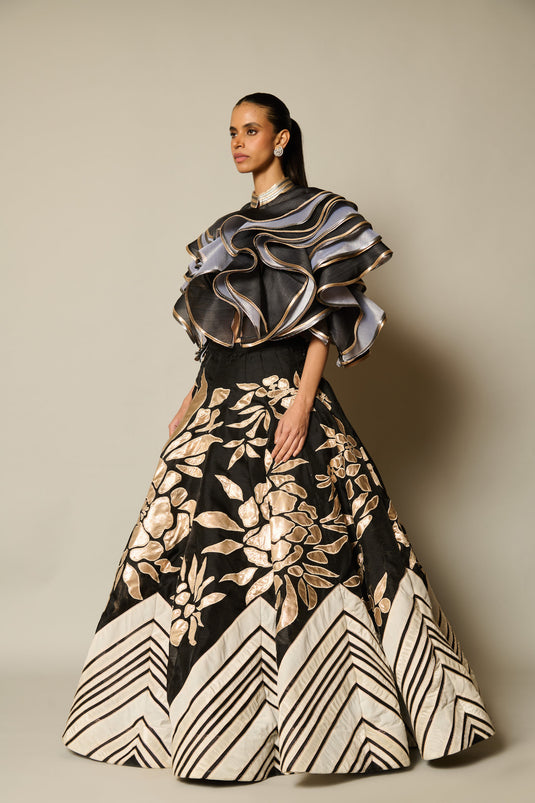 checkmate Black applique lehenga