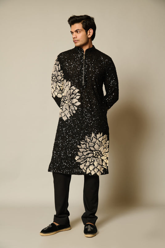 checkmateBlack sequin floral kurta