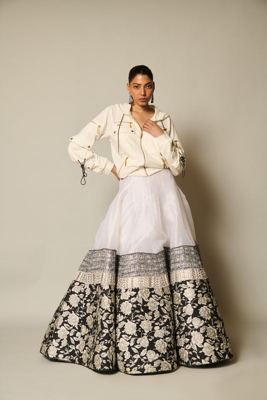 checkmate Ivory jacquard lehenga
