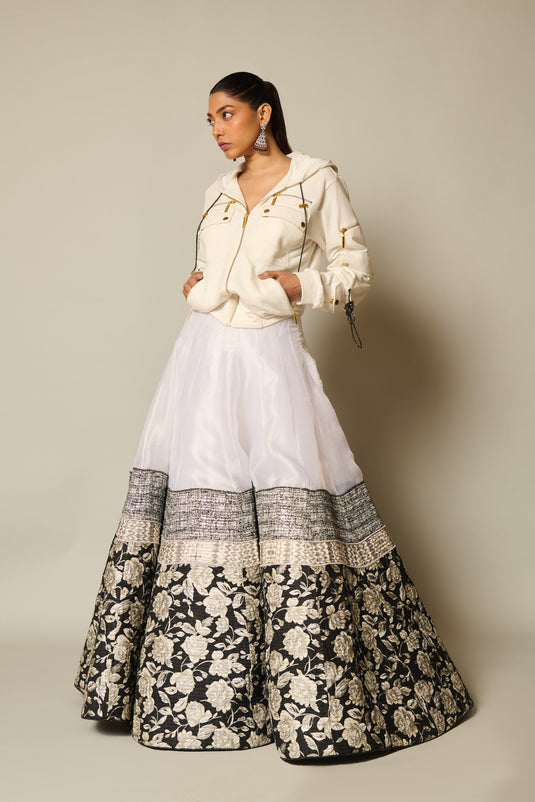 checkmate Ivory jacquard lehenga