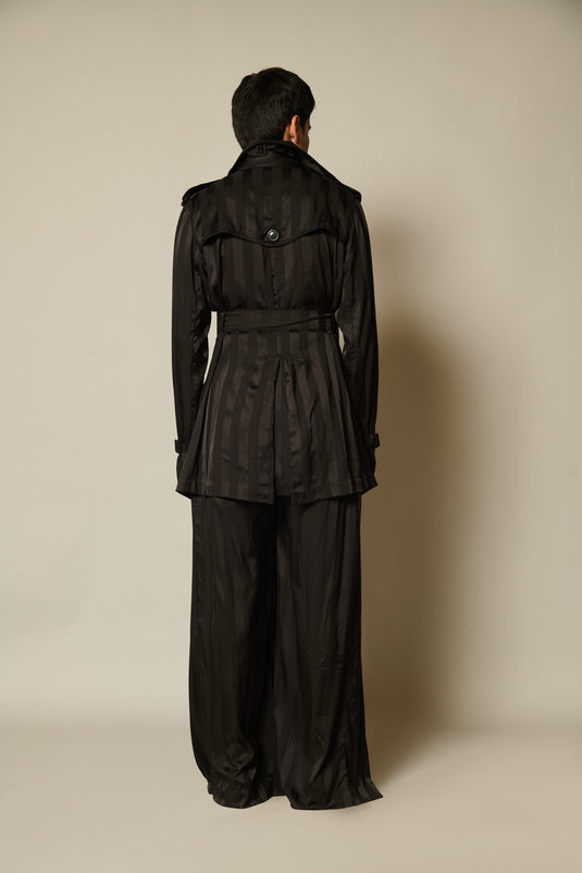 checkmate Black satin striped trench