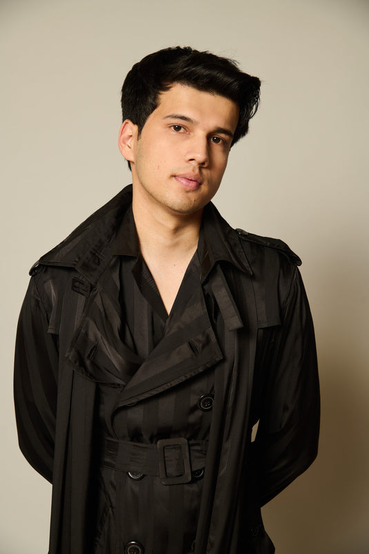 checkmate Black satin striped trench